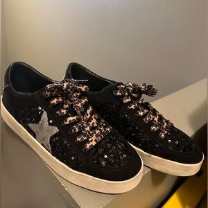 Black Sequin Sneakers with Leopard Print Laces